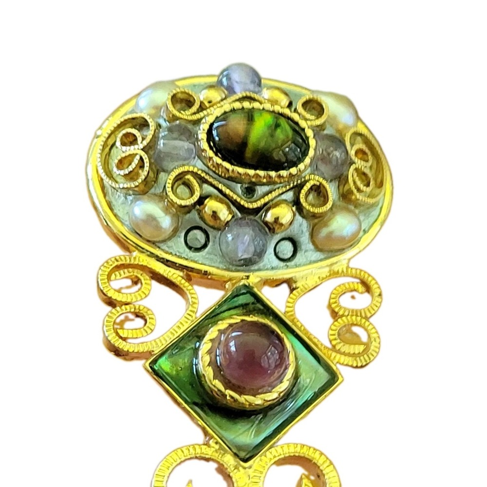 Vintage MICHAL GOLAN Pearl Abalone Purple Gemstone Artisan Brooch Pin